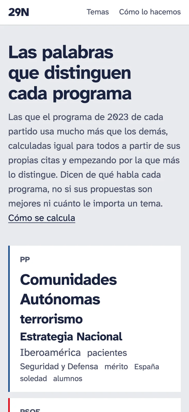 29N screenshot: Distinctive words page, with the words each program uses most