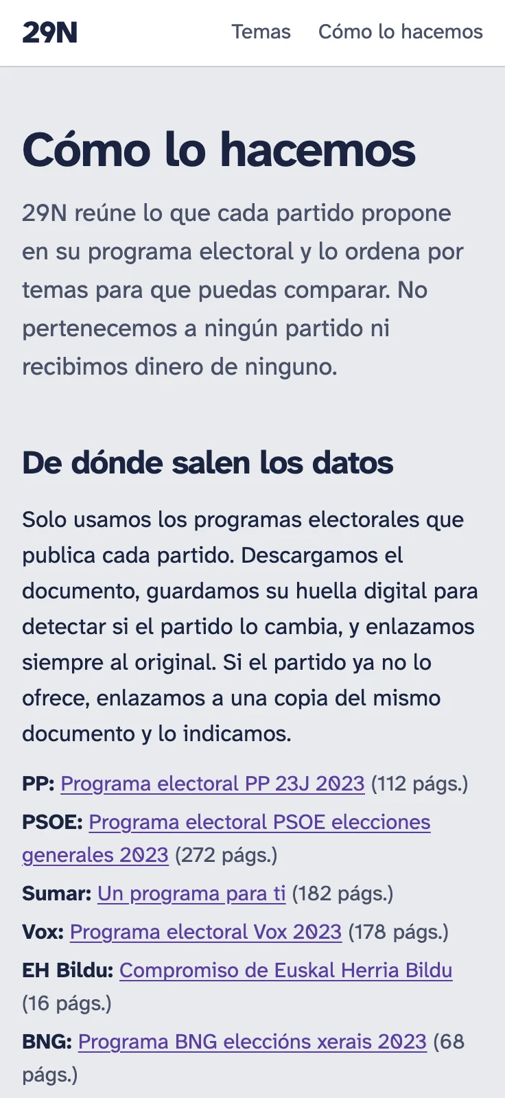 29N screenshot: How-we-do-it page explaining where the data comes from
