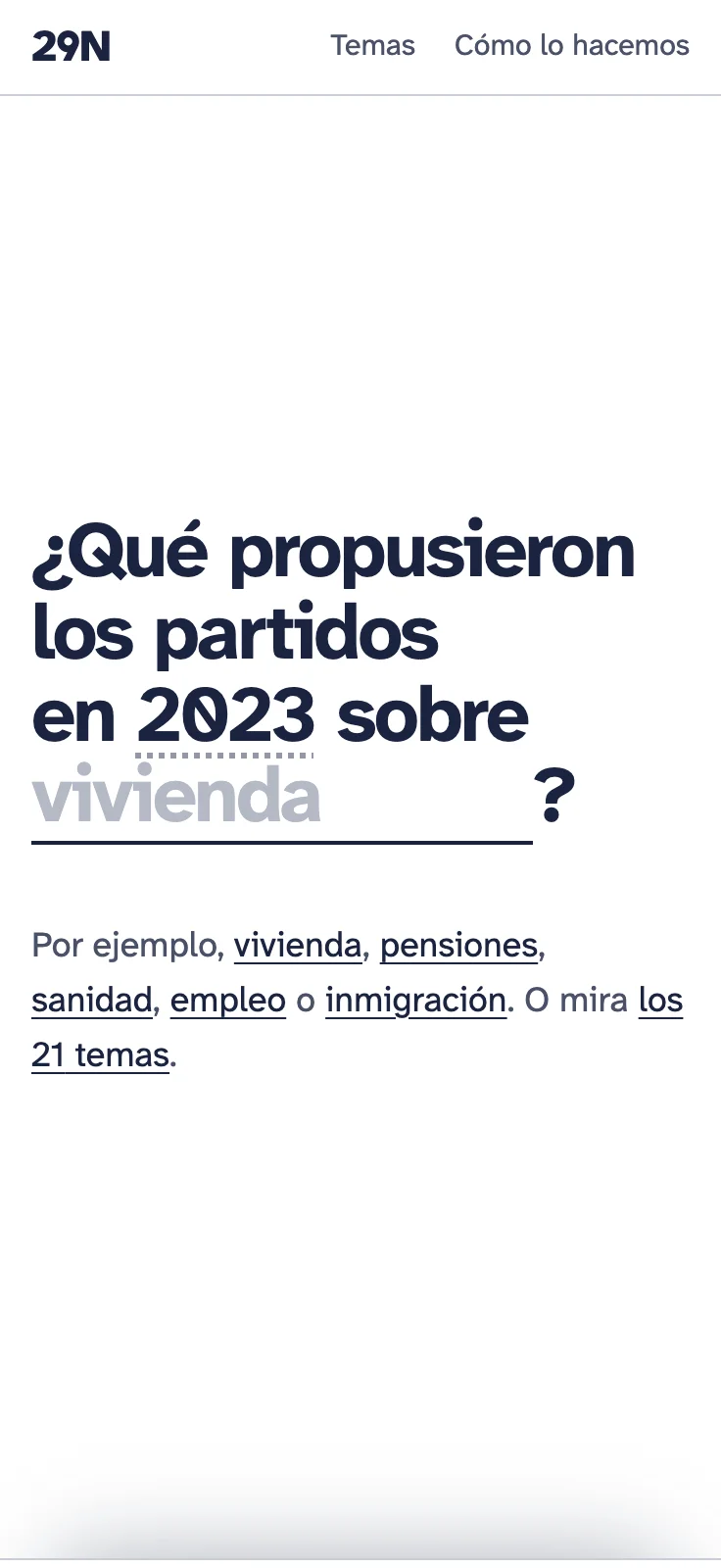 29N screenshot: Home page asking what the parties proposed in 2023 about housing, with a topic search