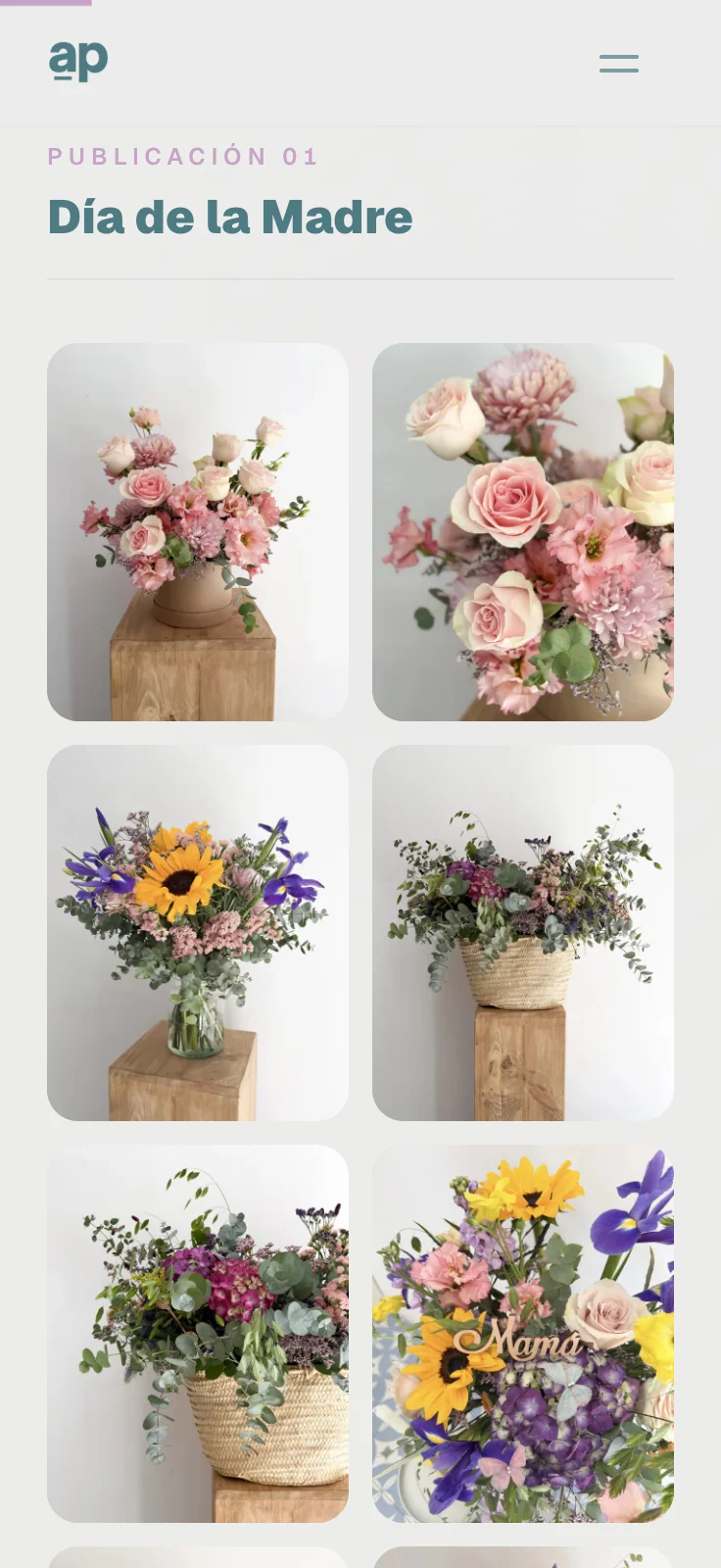 aprop screenshot: A florist’s client page with a grid of bouquet photos for Mother’s Day