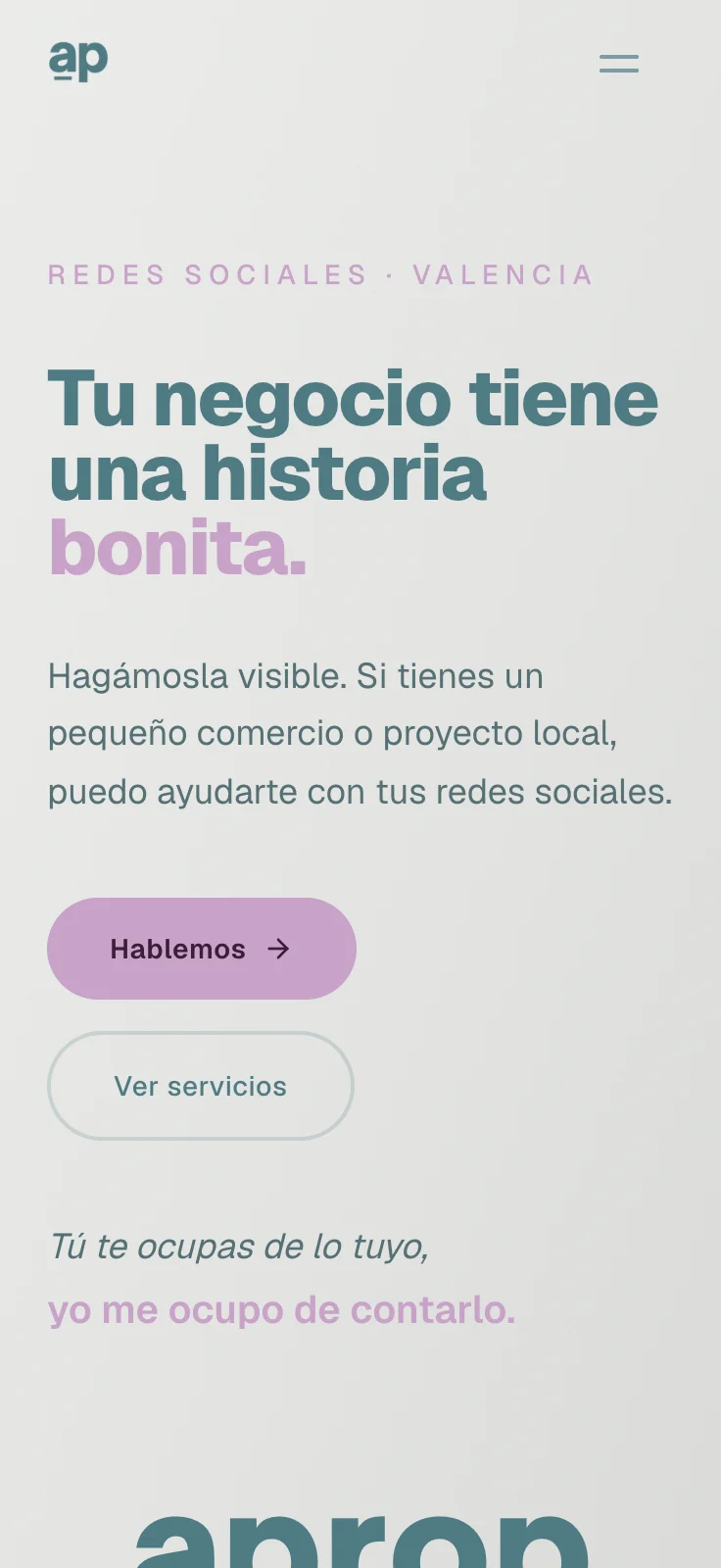 aprop screenshot: Home page headline about giving a business a story worth telling, with a contact button