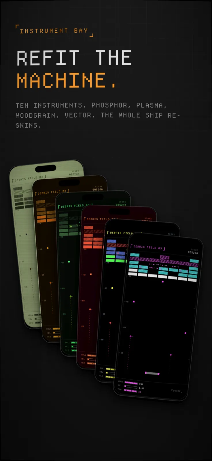 KESSLER screenshot: Fanned stack of phones showing different color themes, captioned “Refit the machine.”
