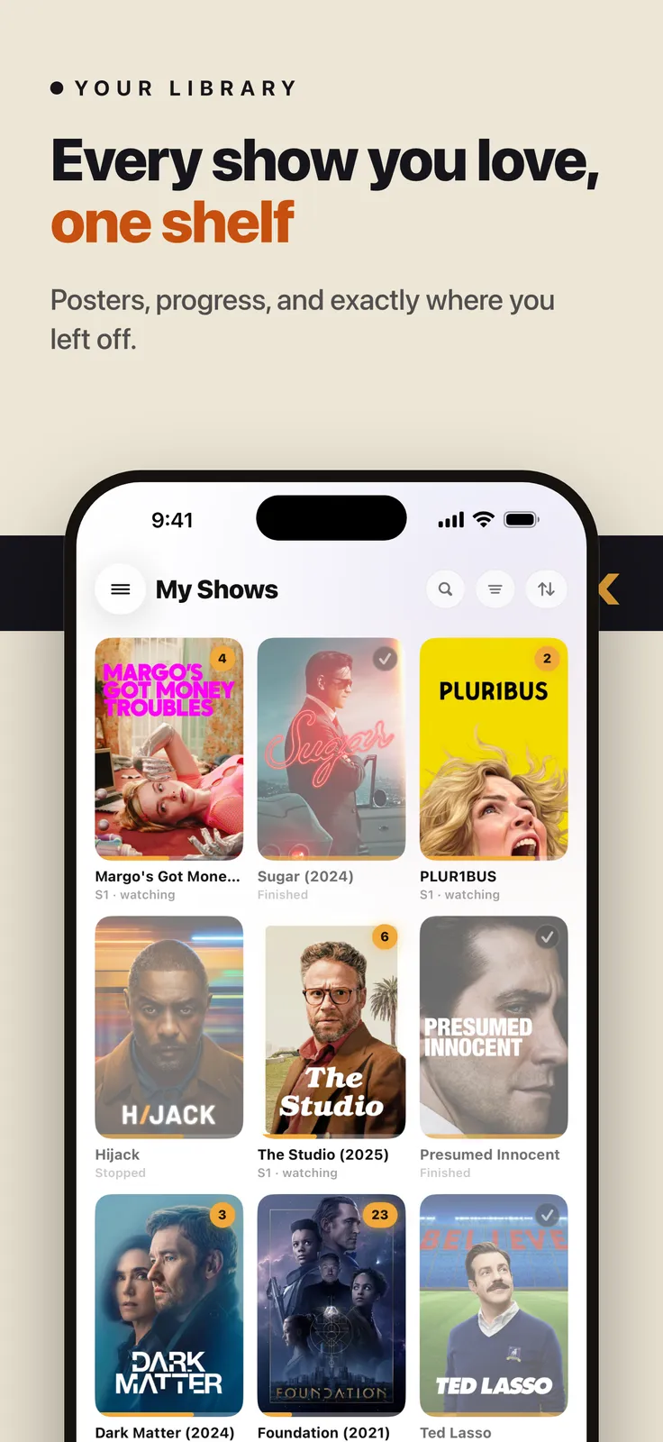 Previously screenshot: Grid of TV show posters in My Shows, captioned “Every show you love, one shelf”