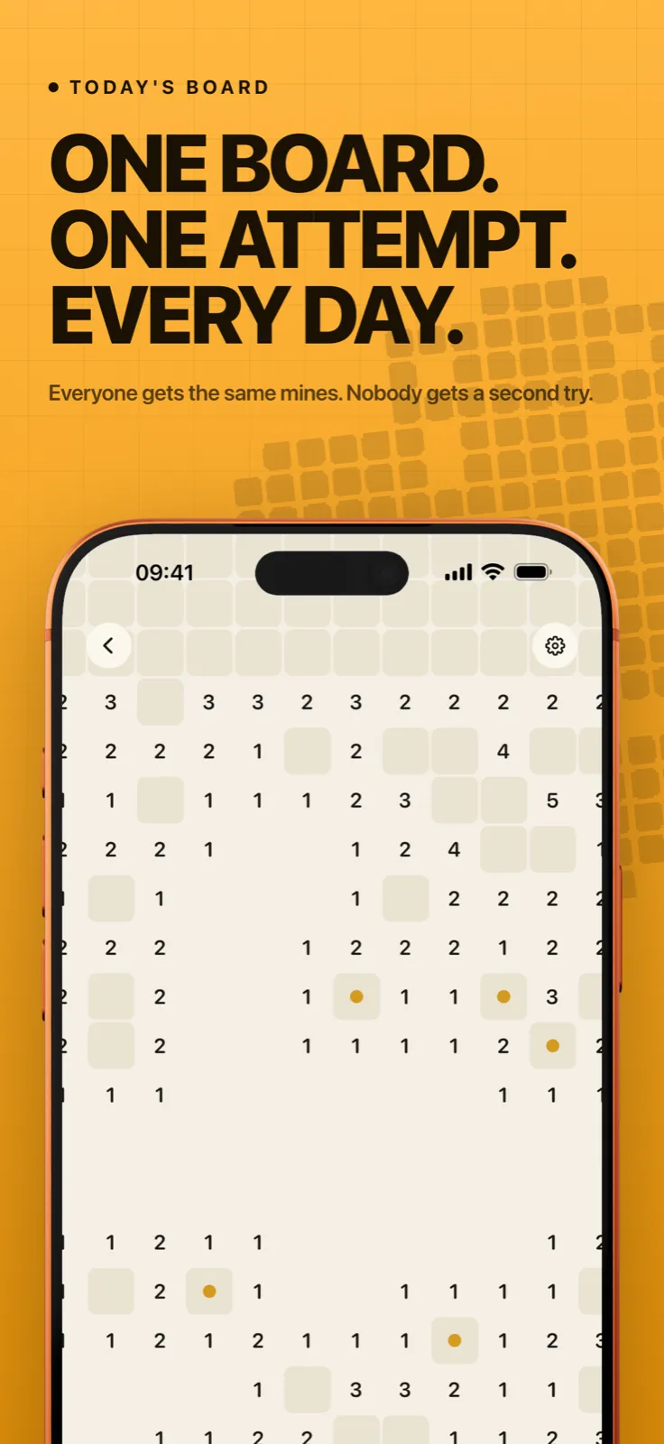 SAPPER screenshot: Minesweeper board with revealed number cells, captioned “One board. One attempt. Every day.”