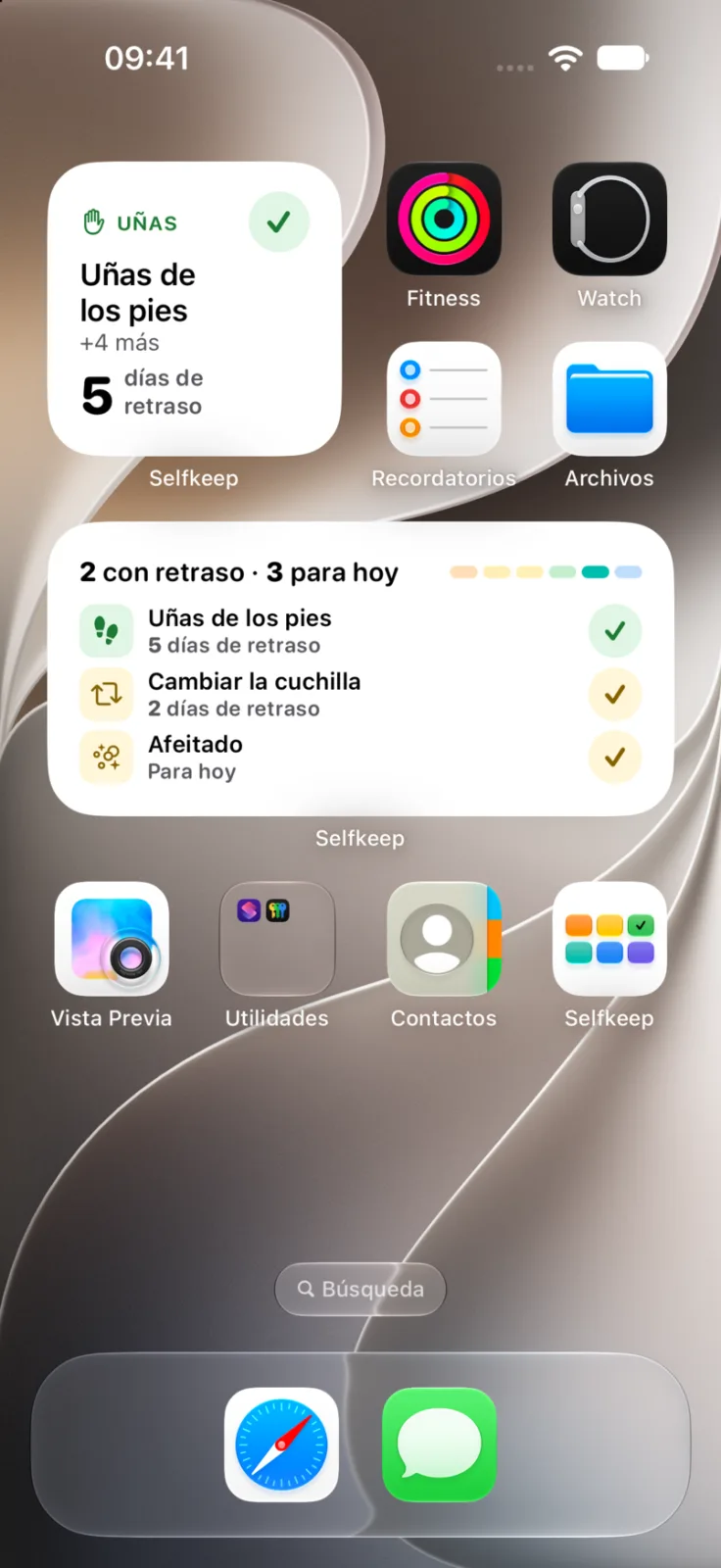 Selfkeep screenshot: Home Screen with the small and medium Selfkeep widgets, each with a done button, in Spanish