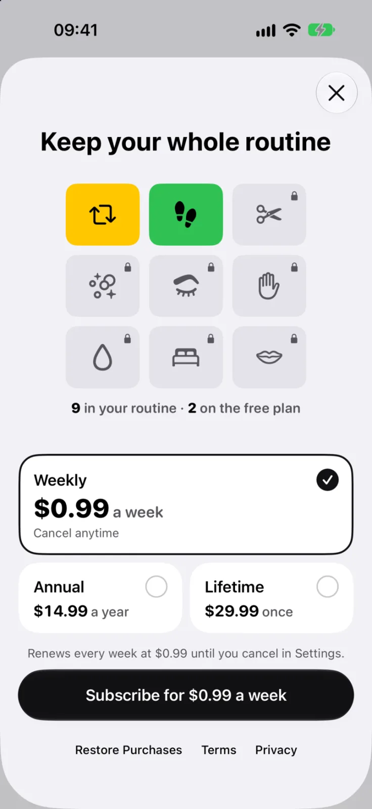 Selfkeep screenshot: Paywall with nine items, two on the free plan, and the weekly, annual and lifetime plans