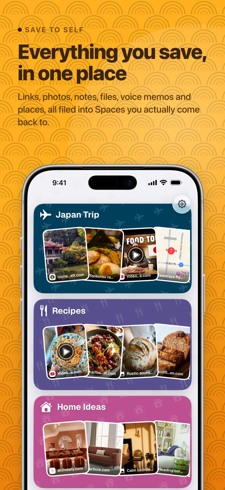 ToMe screenshot: Space cards for Japan Trip, Recipes and Home Ideas, captioned “Everything you save, in one place”