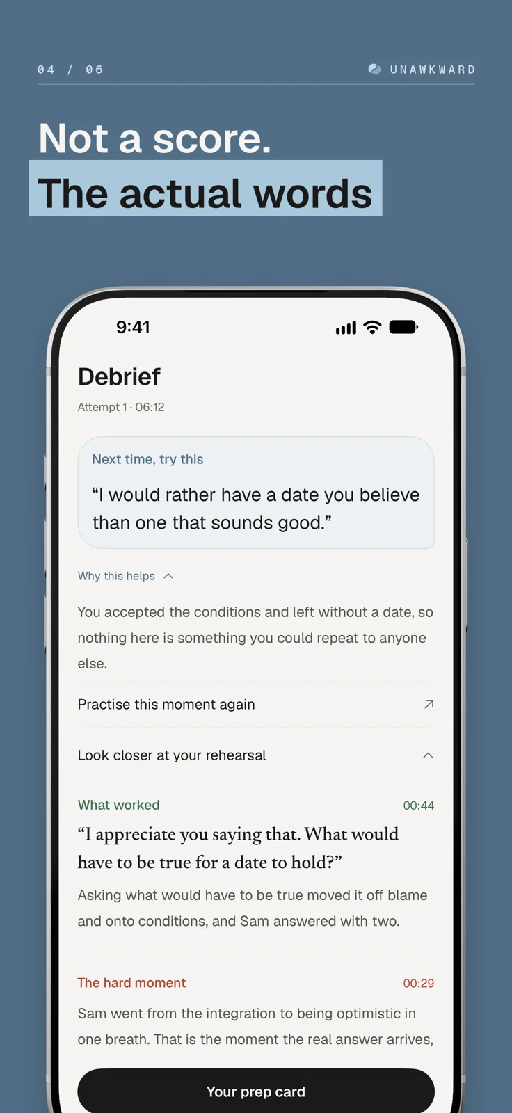 Unawkward screenshot: Debrief with suggested line and what worked, captioned “Not a score. The actual words”
