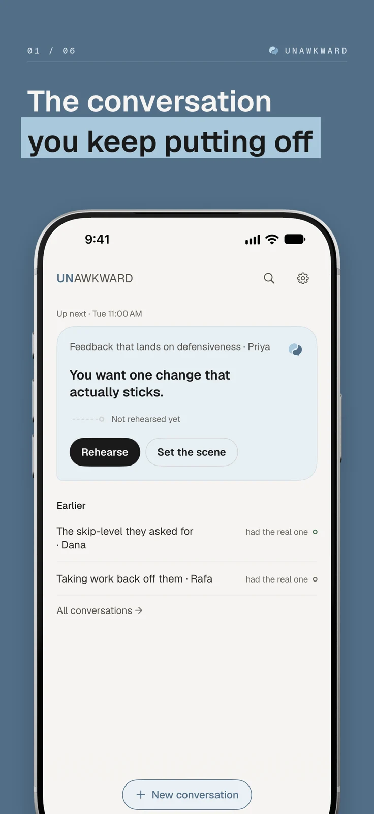 Unawkward screenshot: Home screen with upcoming conversation and Rehearse button, captioned “The conversation you keep putting off”