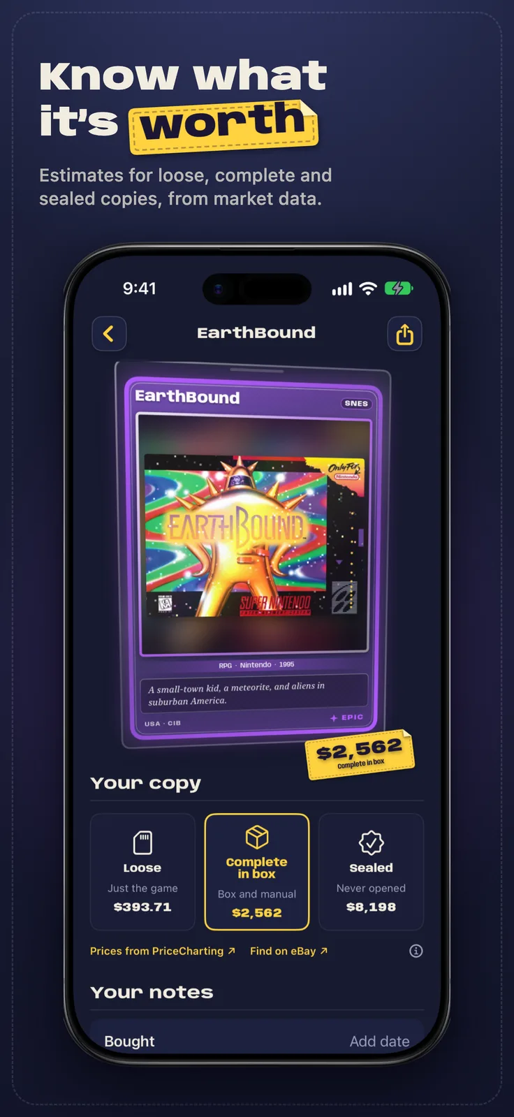 Vidya screenshot: A card’s page with its value sticker and loose, complete and sealed prices, captioned “Know what it’s worth”