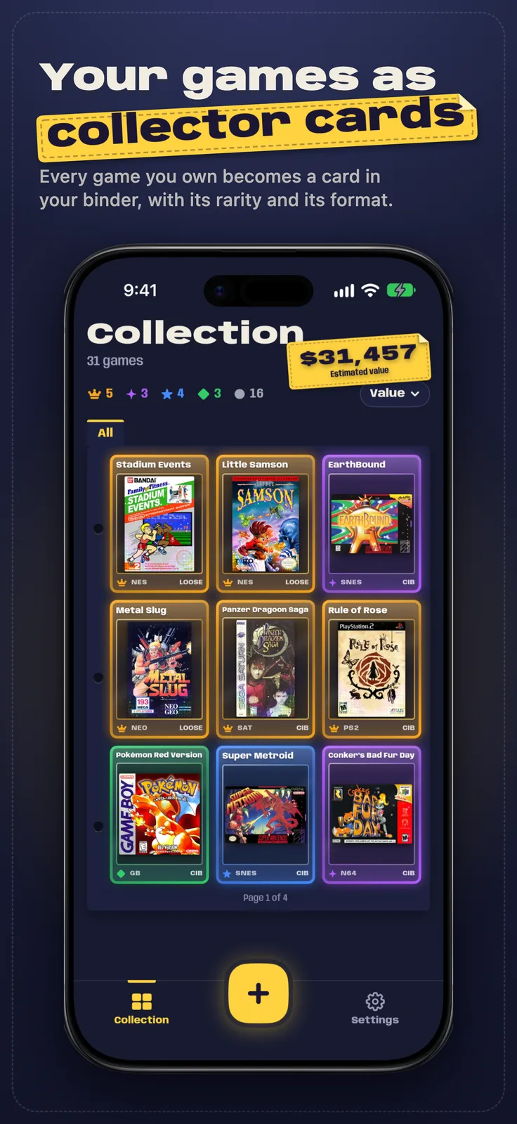 Vidya screenshot: Binder page of nine game cards sorted by value under a price sticker, captioned “Your games as collector cards”